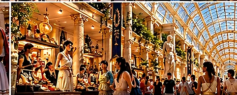 Concept of a large Greek classical-themed indoor shopping mall