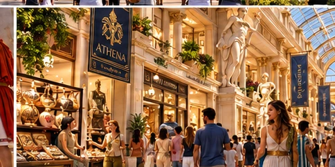 Concept artwork: shoppers and ancient Greek dressed staff at themed Greek agora