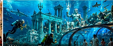 Illustrative Poseidon underwater deep-scuba theme attraction with divers, tridents and ancient ruins